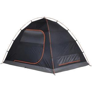 Black camping tent with orange accents, designed for outdoor adventures and sports activities.