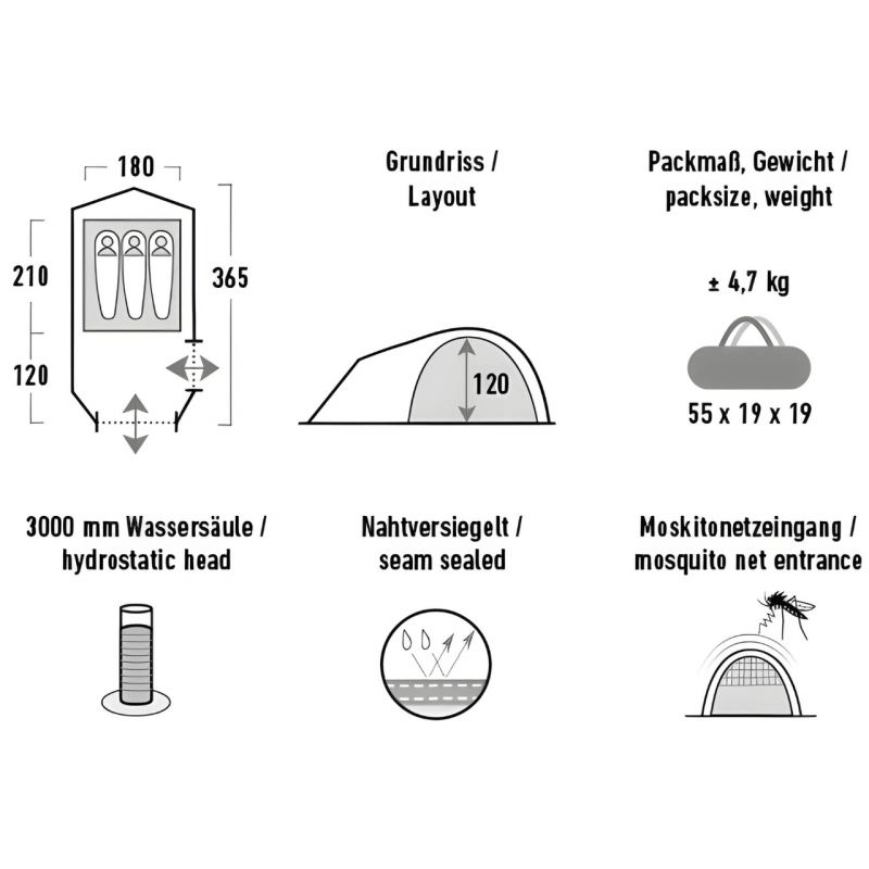 High Peak Kira 3.1 Tent specifications including layout, packsize, weight, hydrostatic head, seam sealing, and mosquito net entrance.