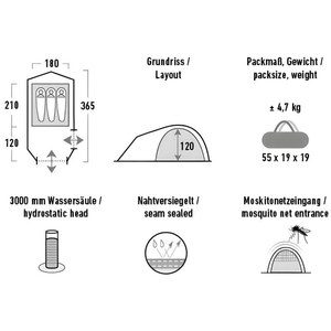 High Peak Kira 3.1 Tent specifications including layout, packsize, weight, hydrostatic head, seam sealing, and mosquito net entrance.