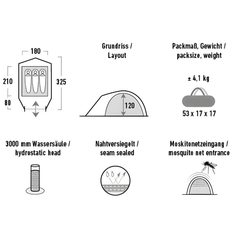 High Peak Nevada 3.1 Tent layout and features, including dimensions, weight, hydrostatic head, and mosquito net entrance.