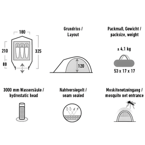 High Peak Nevada 3.1 Tent layout and features, including dimensions, weight, hydrostatic head, and mosquito net entrance.