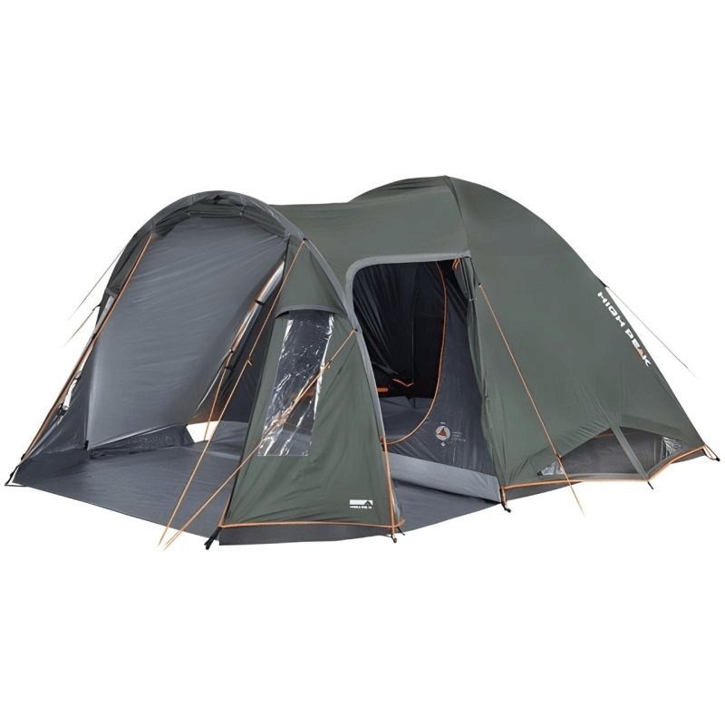 High Peak Tessin 4.1 green camping tent with dual entrances and spacious vestibule for outdoor adventures.