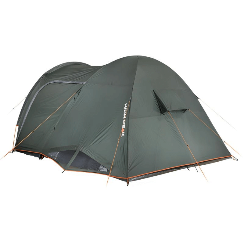 High Peak Tessin 4.1 green camping tent with dual entrances and spacious vestibule for outdoor adventures.