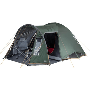 High Peak Tessin 4.1 Tent in green, featuring dual entrances, spacious interior, and enhanced ventilation for outdoor adventures.