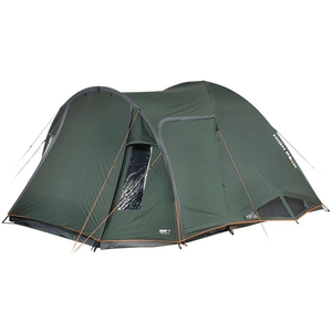 High Peak Tessin 4.1 green camping tent with dual entrances and enhanced ventilation for outdoor adventures.