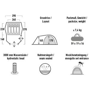 High Peak Tessin 4.1 Tent layout, dimensions, and key features for outdoor camping and adventure travel.