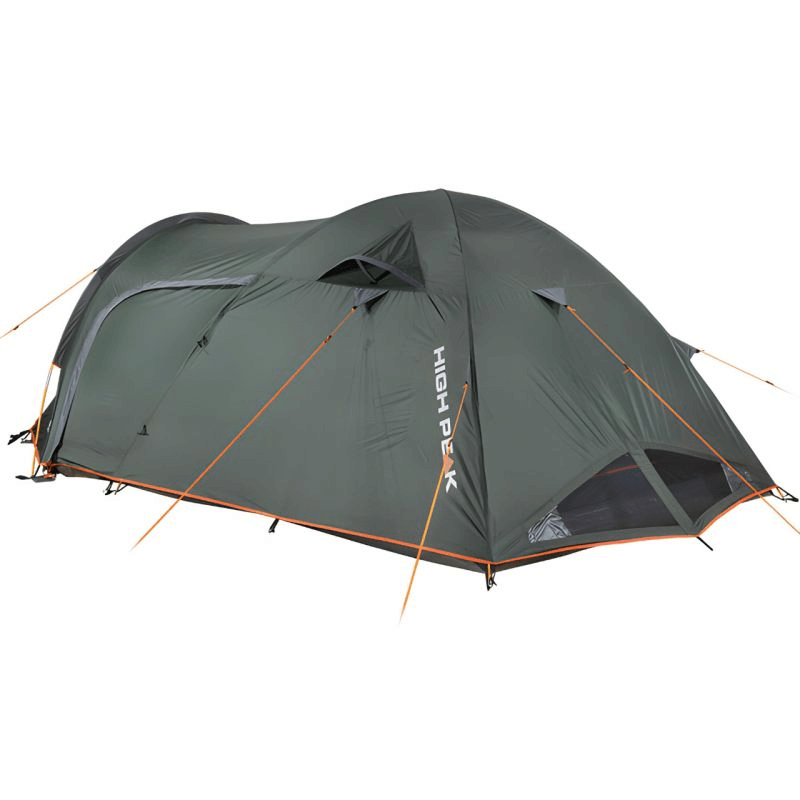 High Peak Kira 4.1 tent in green, designed for outdoor adventures, featuring dual entrances and enhanced ventilation.