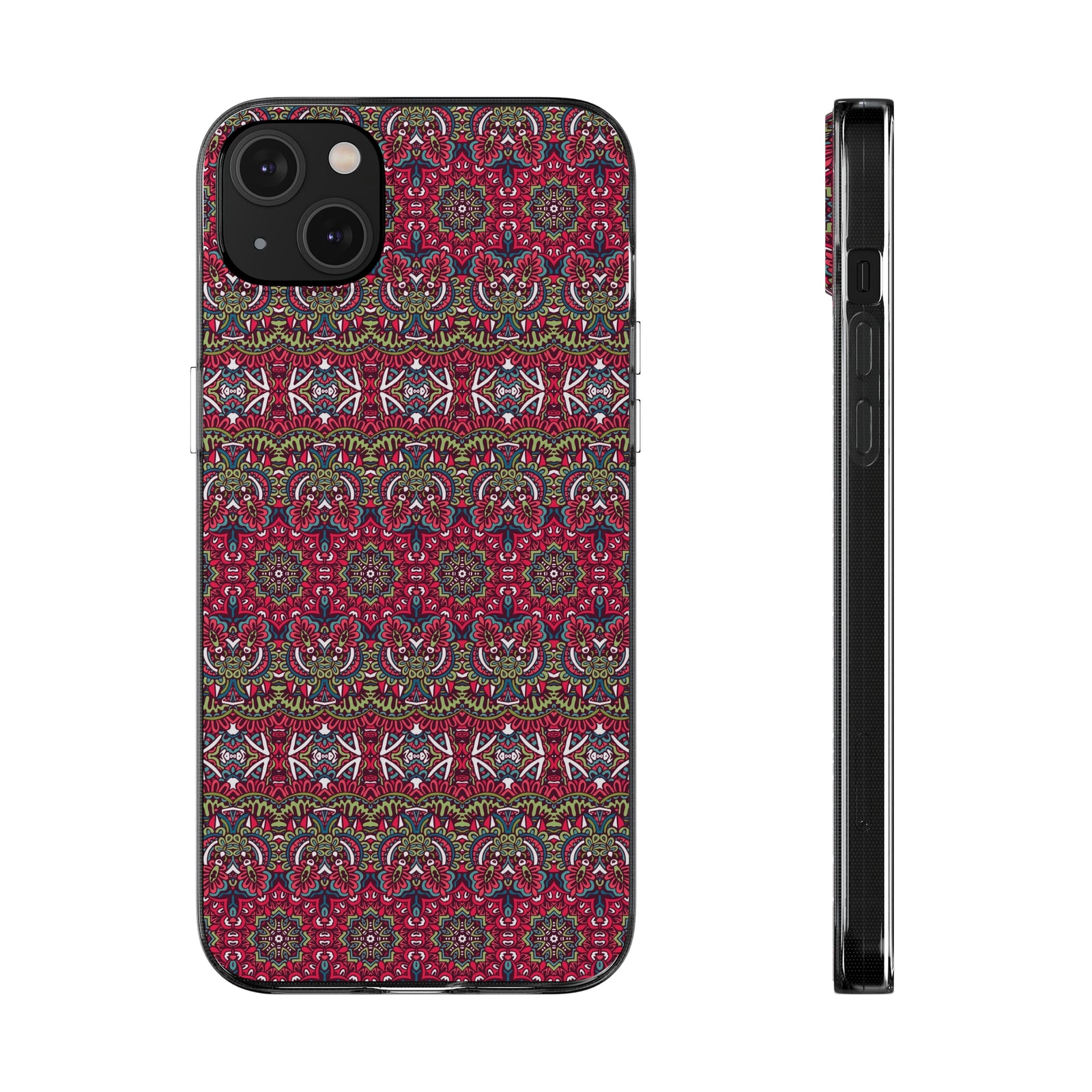 Red mandala phone case showcasing a vibrant design, perfect for outdoor adventures and personalized style on revlando.com.