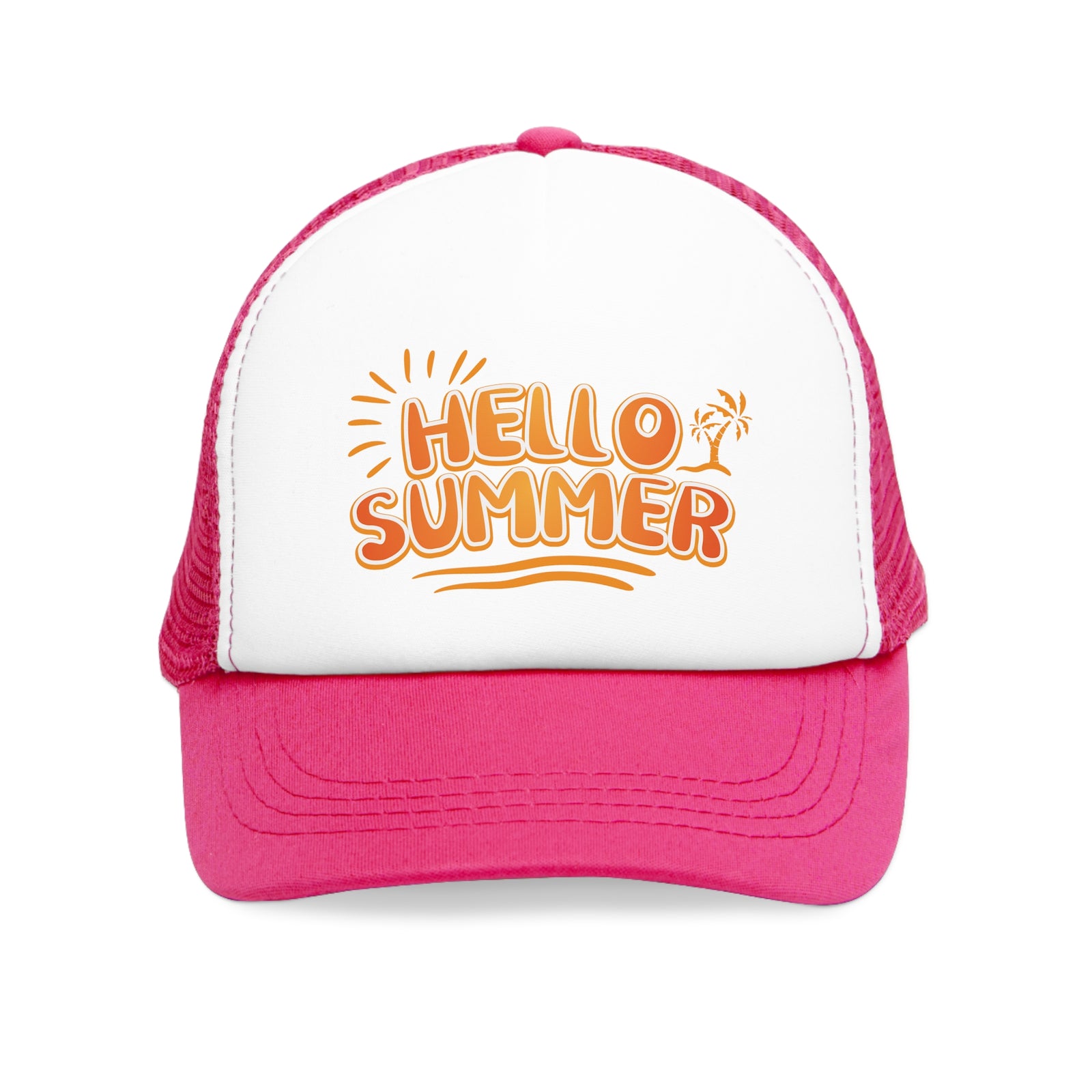 Pink mesh cap with 'Hello Summer' graphic, perfect for outdoor adventures and camping, available at revlando.com.