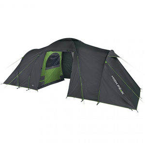 High Peak Como 4.0 Family Tent in gray-green, spacious and water-resistant for outdoor adventures and travel.