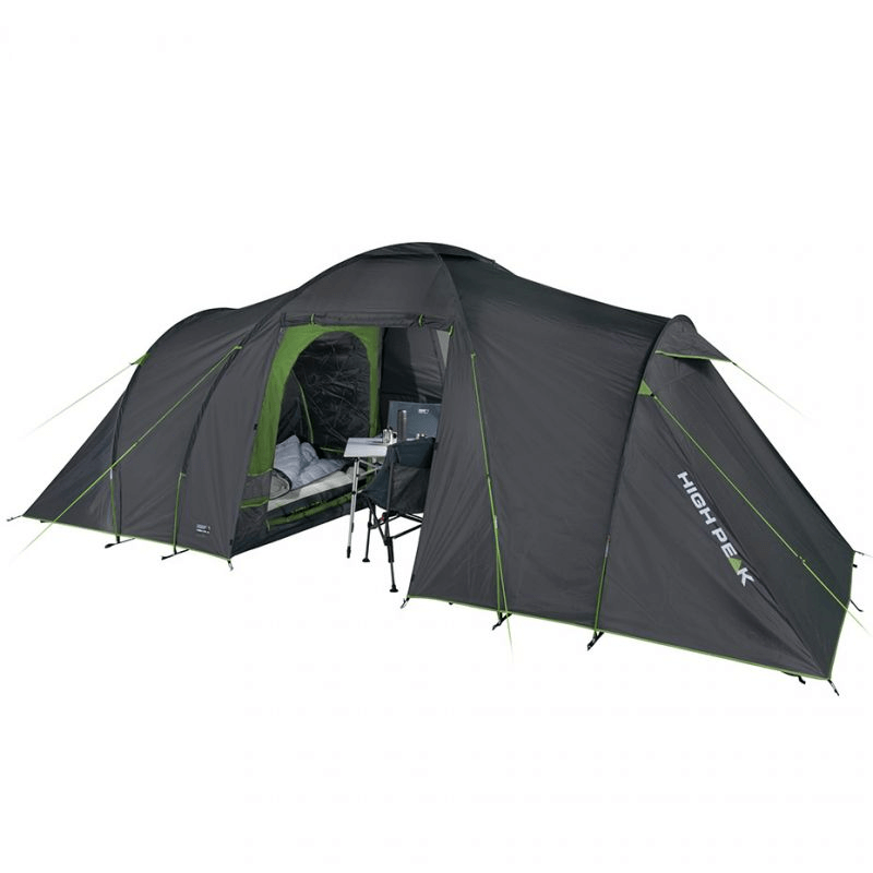 High Peak Como 4.0 Family Tent in gray-green, spacious and water-resistant for outdoor adventures and travel.