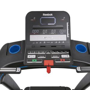 Reebok JET 300 treadmill control panel with advanced features and display for sport and outdoor training.