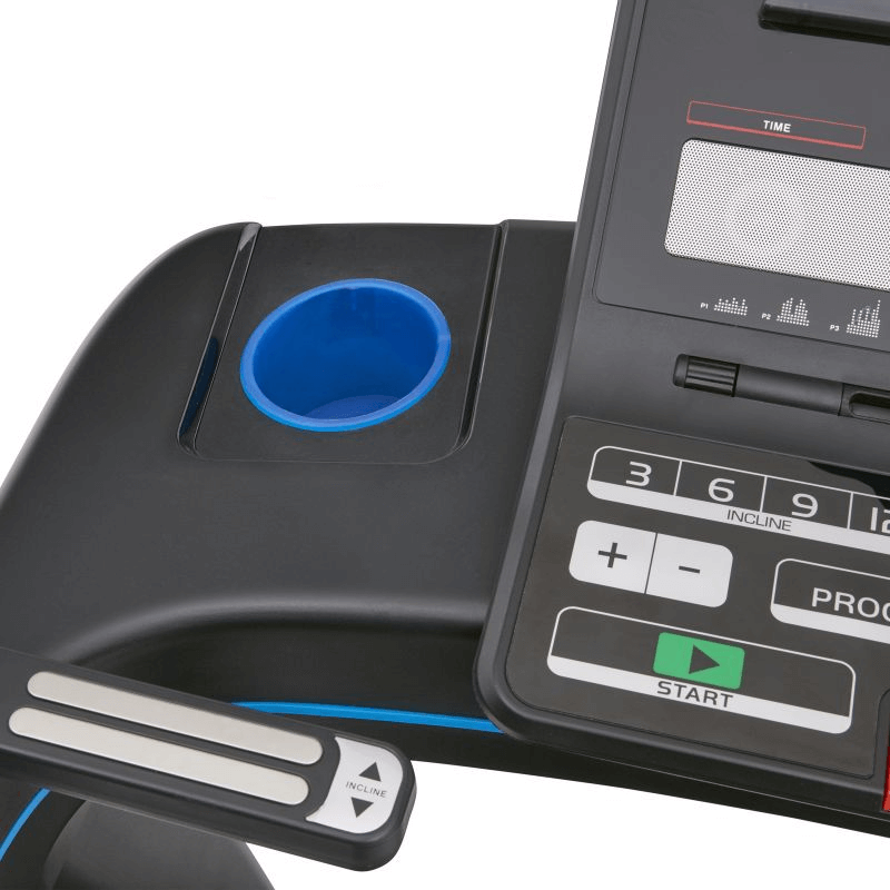 Close-up of Reebok JET 300 treadmill console with controls, cup holder, and display for outdoor sports and adventure fitness.