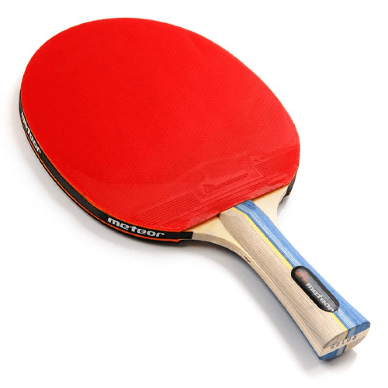 Meteor Sirocco 15016 table tennis racket with a red paddle and ergonomic handle, perfect for outdoor sports and travel.