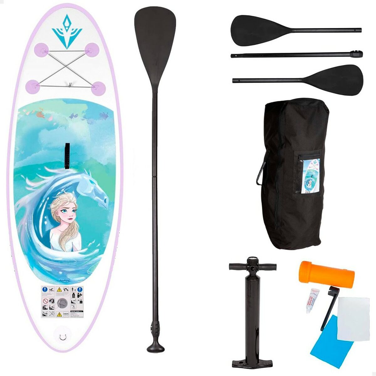 Inflatable paddle surfboard with accessories featuring Frozen design, ideal for outdoor camping and adventure, available at revlando.com.