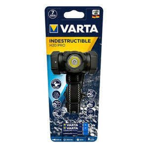 Varta H20 PRO LED head torch packaging showcasing waterproof design, 350 lm brightness, ideal for outdoor adventures.