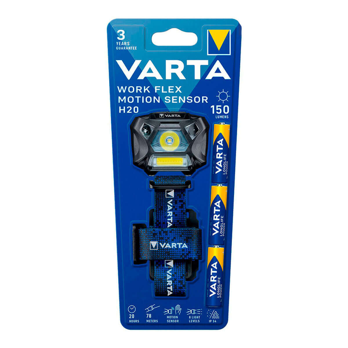 LED Head Torch Varta Work Flex H20 with movement sensor for outdoor adventures and camping activities.