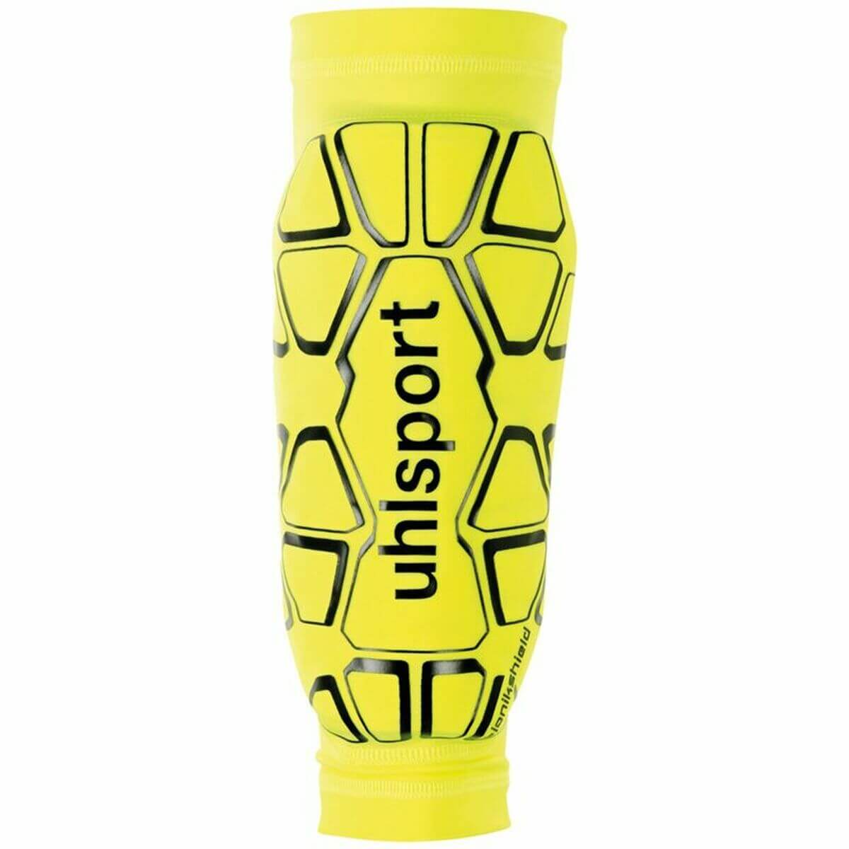 Football shinguards Uhlsport Bionikshield in yellow, designed for outdoor sports and adventure, from revlando.com.