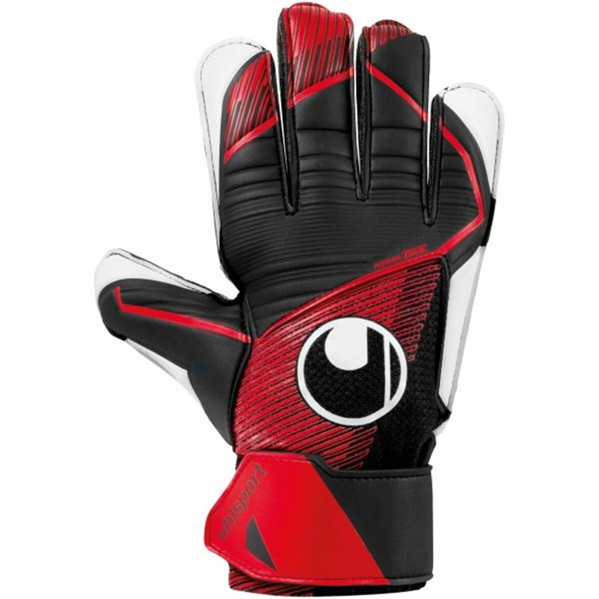 Uhlsport Powerline Starter Soft Black goalkeeper gloves in red and black, ideal for outdoor sports and adventures.