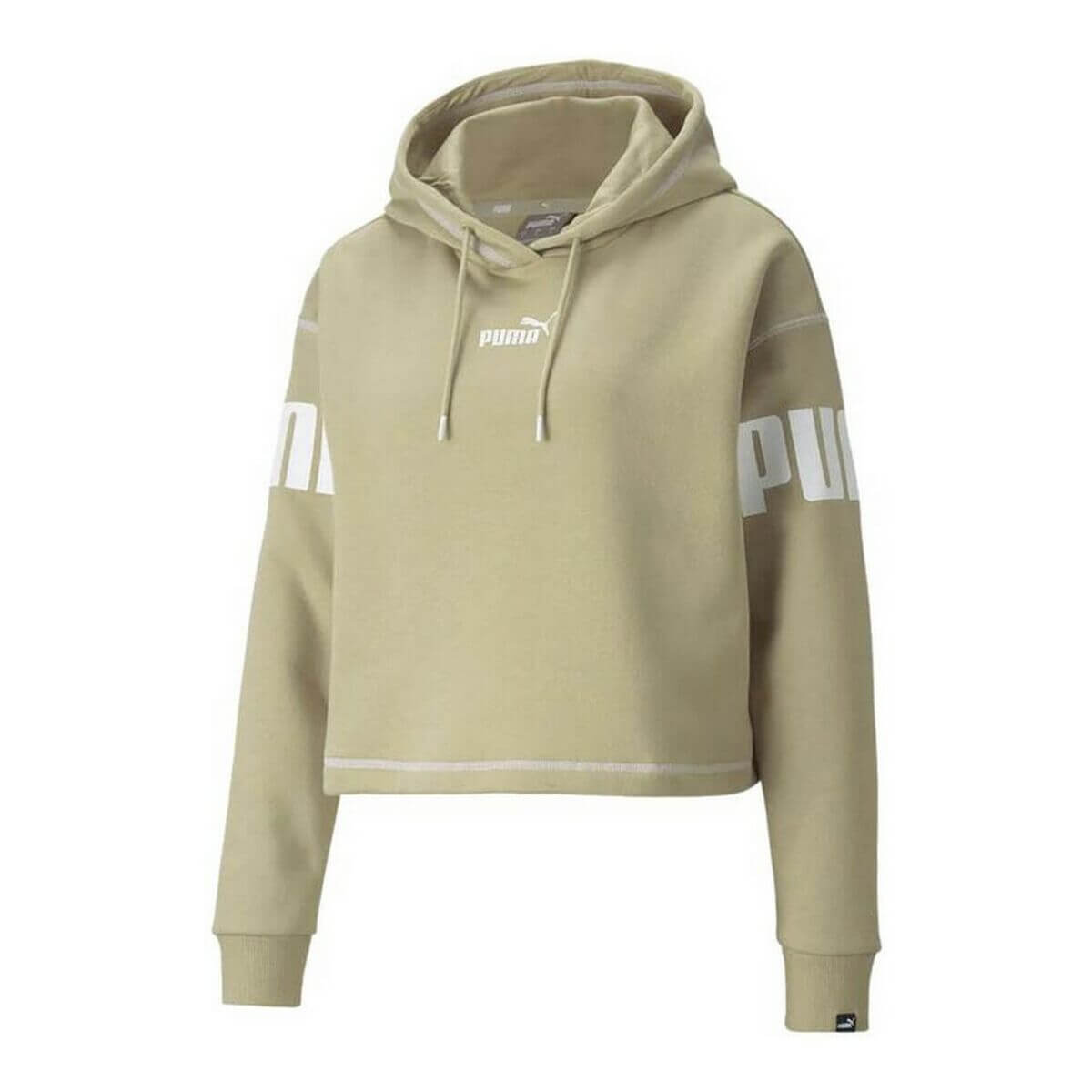 Women’s Puma Power Hoodie in beige, perfect for outdoor and adventure activities, available at revlando.com.