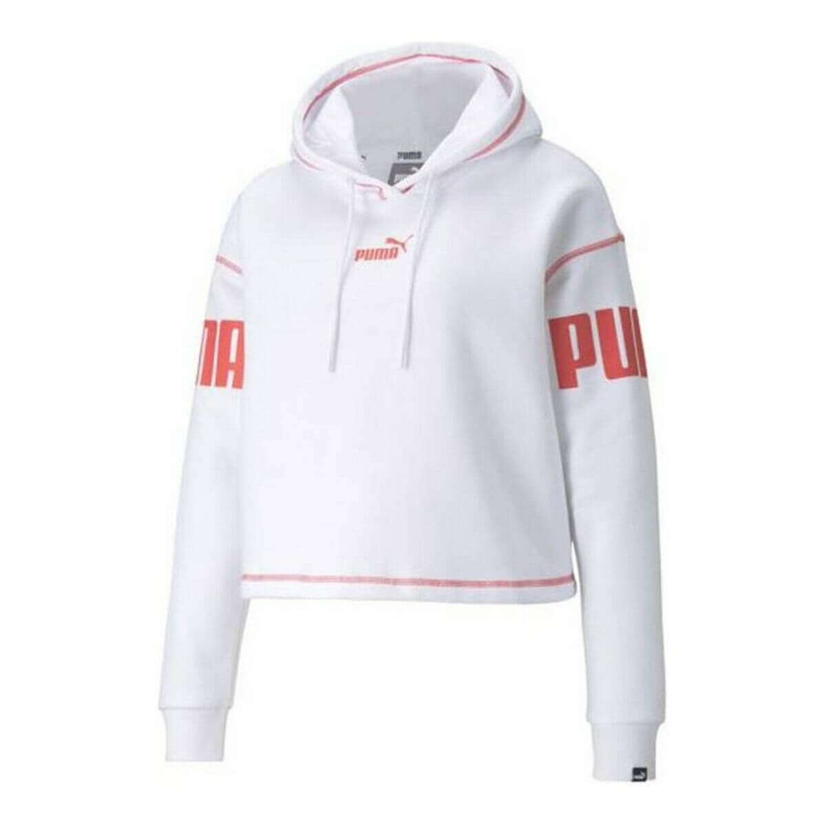 Women’s Puma Power Hoodie in white, perfect for outdoor adventures and camping from revlando.com.