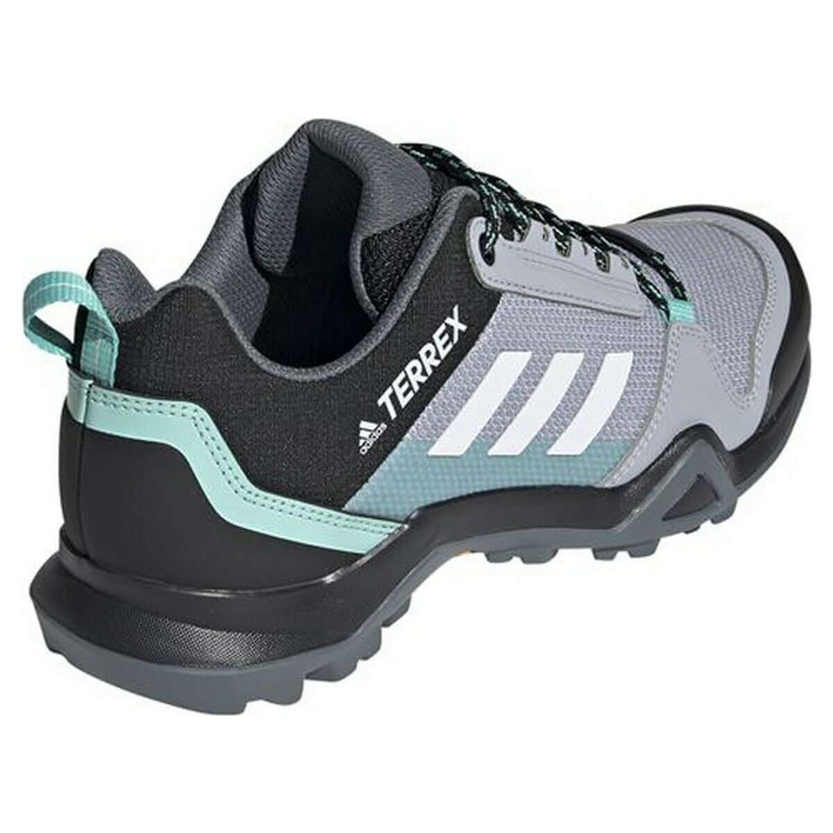 Adidas Terrex AX3 hiking trainers for women in light grey, ideal for outdoor adventures and camping.