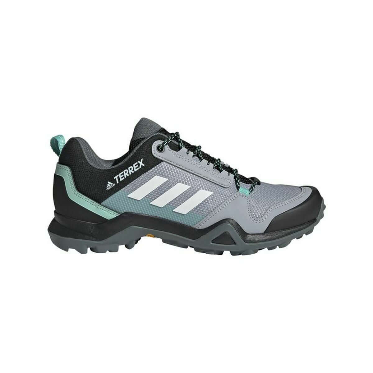 Light grey Adidas Terrex AX3 hiking trainers for women, ideal for outdoor adventures and camping.