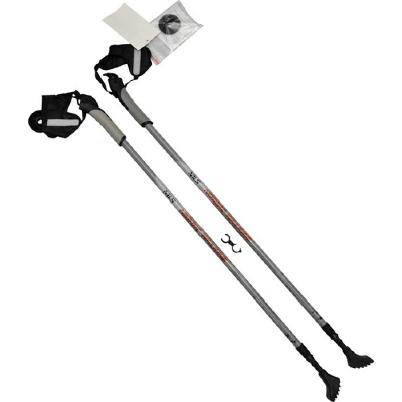 Nordic Walking Nils Extreme CARBON NW106 adjustable poles with black and orange accents, plus two interchangeable tips for various terrains.