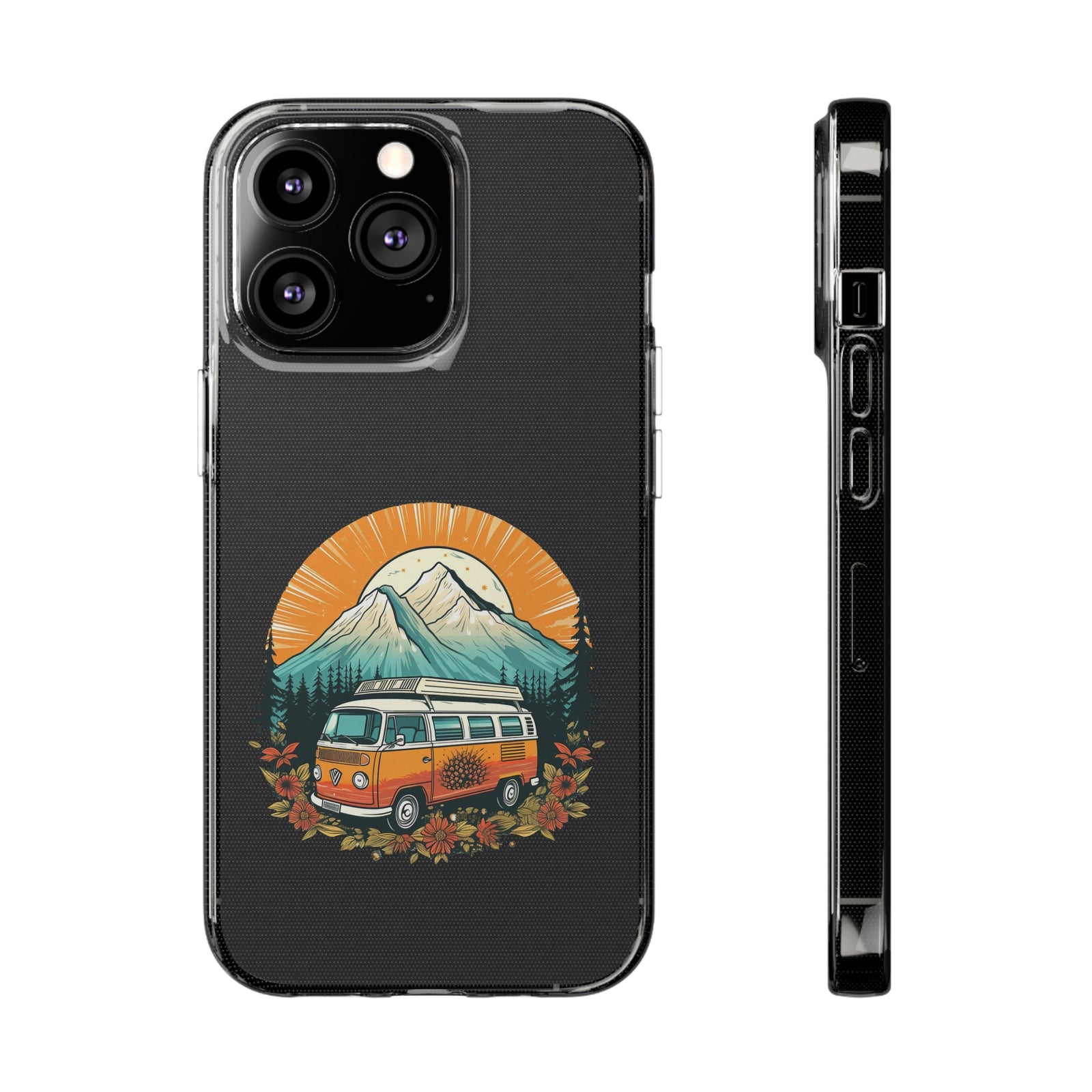 Soft TPU phone case featuring a camping van design, perfect for outdoor adventures by revlando.com.