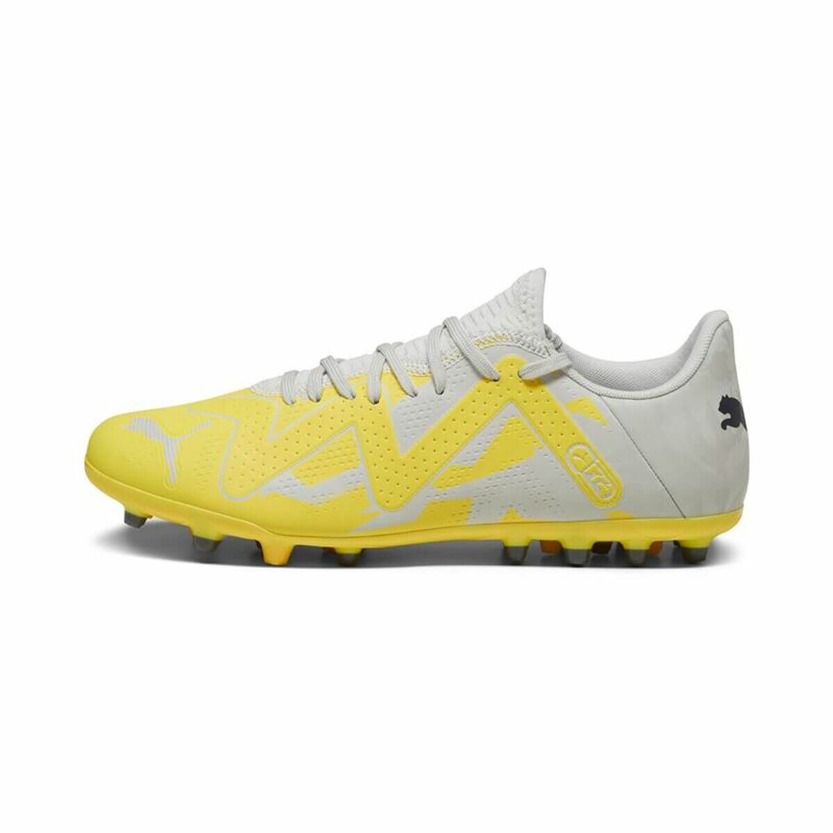 Adult's Puma Future Play MG football boots in yellow and grey, perfect for outdoor sports and adventures.