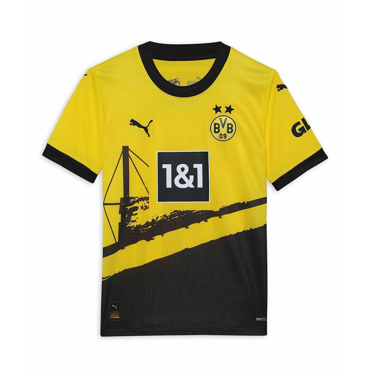 Children's short-sleeved Puma BVB home jersey replica in yellow and black, perfect for outdoor adventures and sports.
