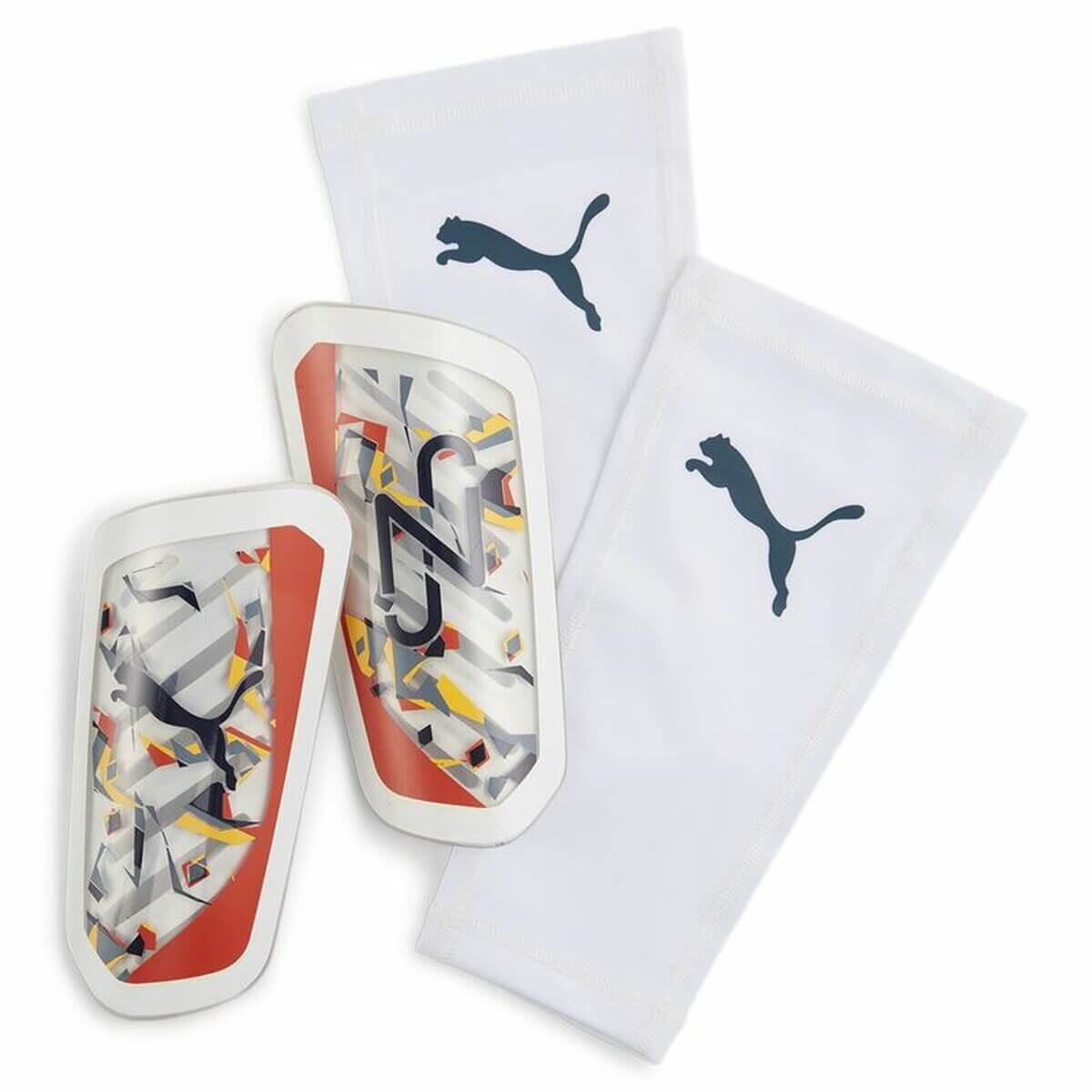 Puma Neymar Ultra Flex white football shinguards designed for men, ideal for outdoor sports and adventures.
