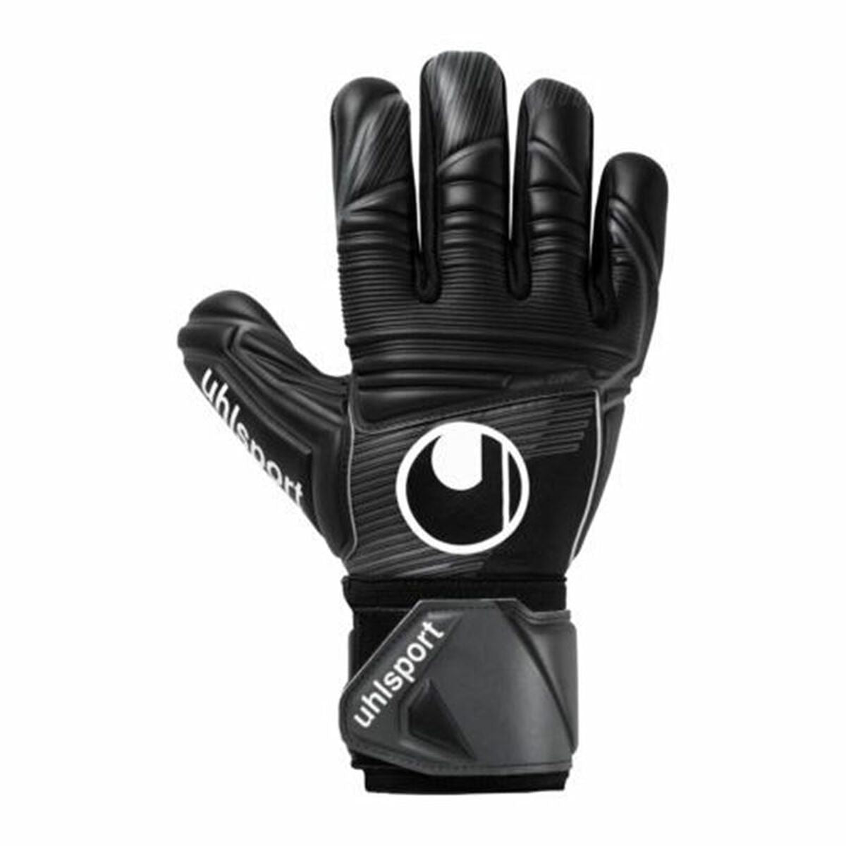 Goalkeeper gloves Uhlsport Comfort in black for adults, ideal for outdoor sports and camping adventures from revlando.com.