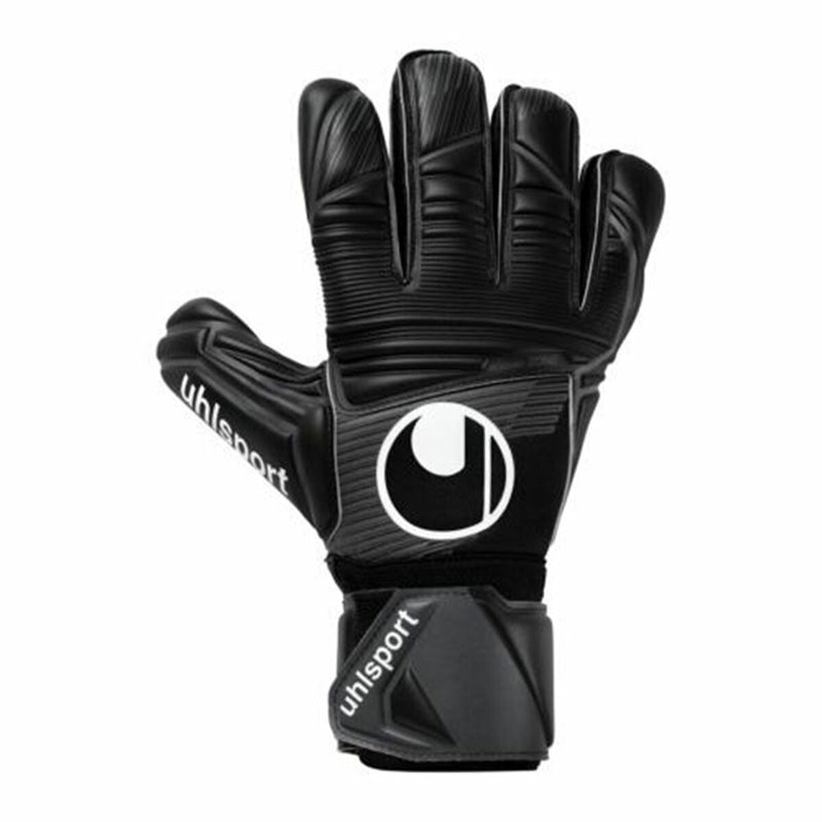 Uhlsport Comfort Black goalkeeper gloves for adults, ideal for outdoor sports and camping adventures.