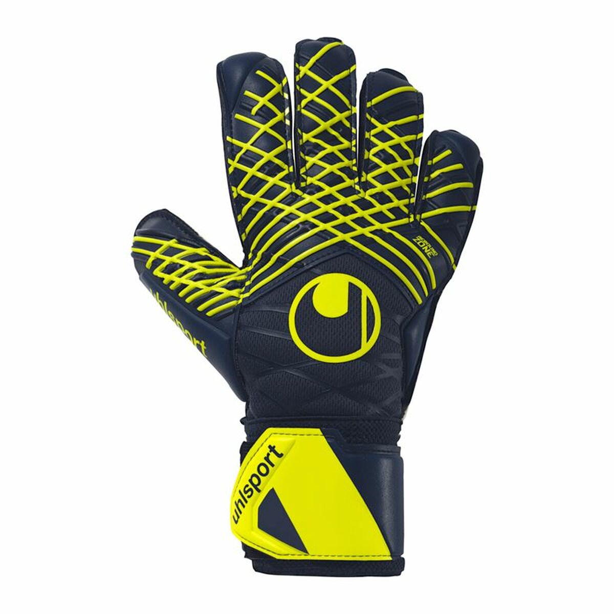 Goalkeeper gloves Uhlsport Predictionupersoft in blue and yellow, ideal for outdoor sports and adventure, available for adults.