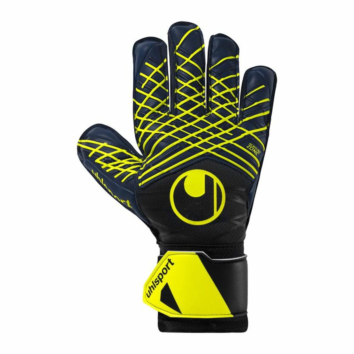 Uhlsport Soft Pro goalkeeper gloves in blue and neon yellow for adults, perfect for outdoor sports and camping activities.