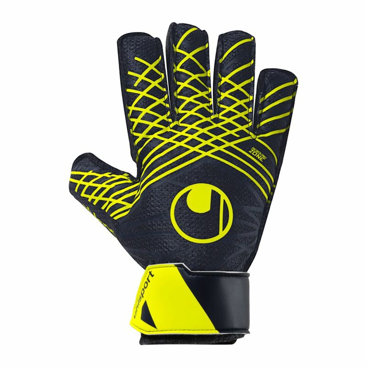 Goalkeeper gloves in black and yellow by Uhlsport, ideal for outdoor sports and adventures, available at revlando.com.