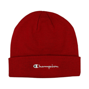 Champion red beanie cap made of soft acrylic knit, featuring an embroidered logo, perfect for outdoor adventures and cold weather.