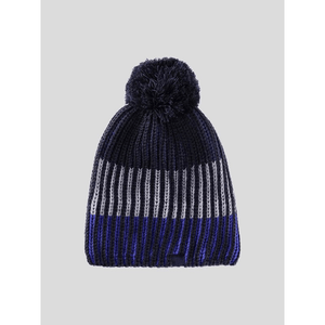 Cozy boys' winter hat with pompom in navy and gray stripes, perfect for outdoor adventures and sports.