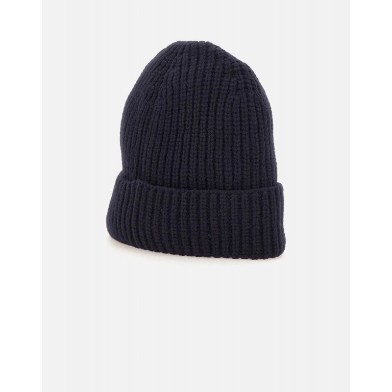 Emporio Armani winter beanie in black, featuring ribbed texture and logo, perfect for outdoor adventures and travel.