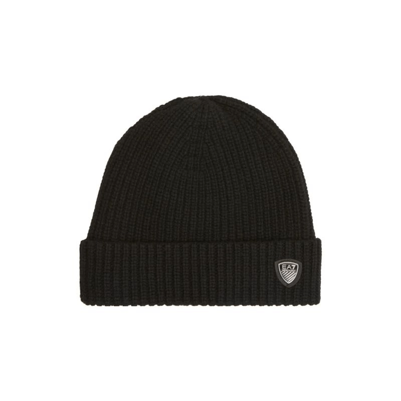 Emporio Armani black winter beanie hat with ribbed texture and logo, ideal for outdoor adventures and stylish winter wear.