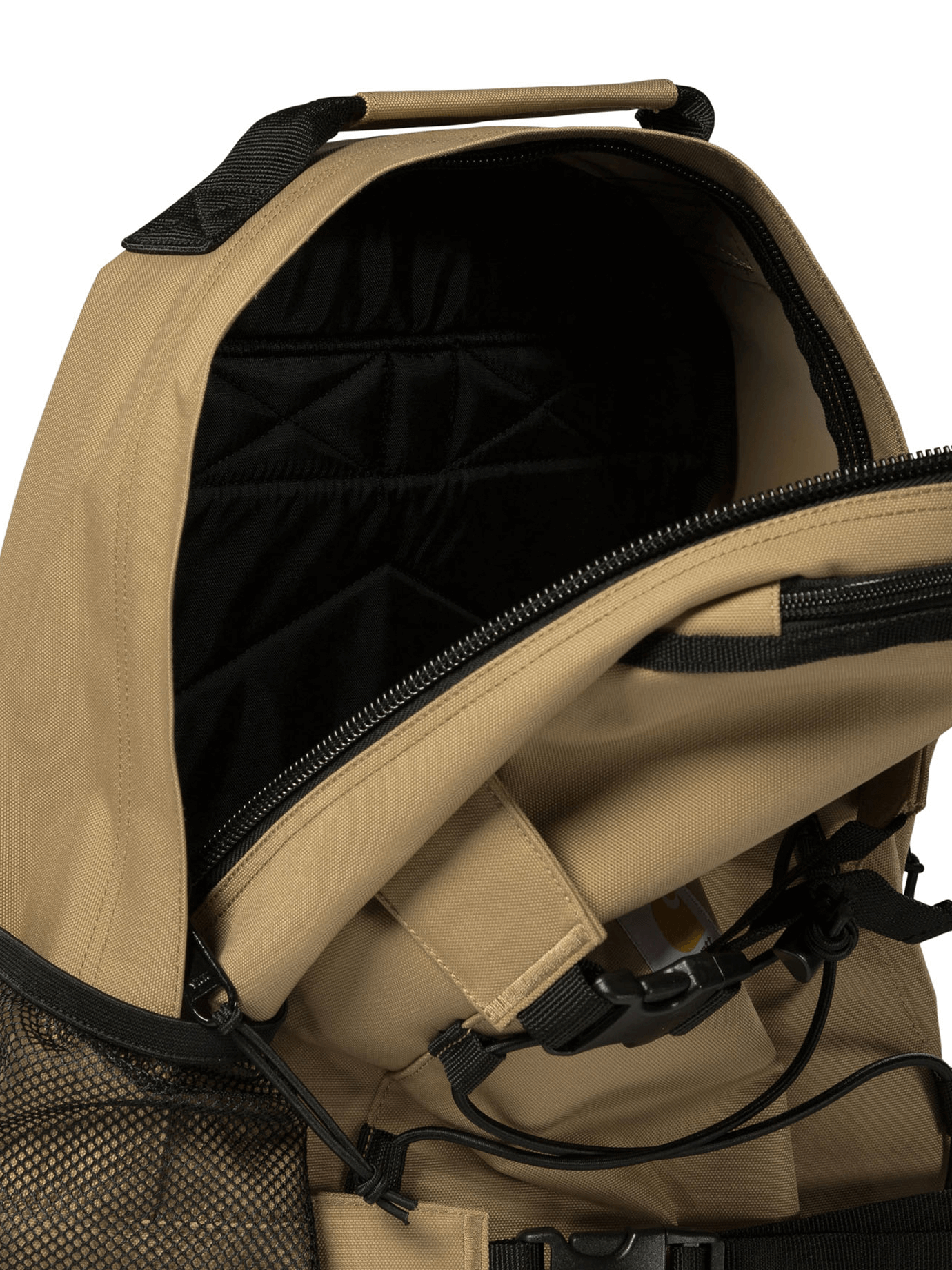 Open view of CARHARTT WIP lightweight men's backpack interior, featuring padded space and eco-friendly design.