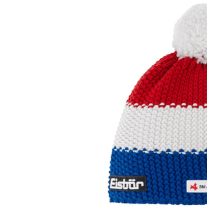 Eisbar Star Pompon Ski Cap in red, white, and blue with pompom, perfect for outdoor sports and winter adventures.