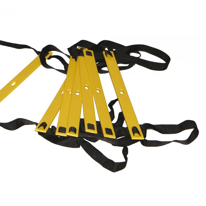 Power BB 2403 Speed Training Ladder with yellow rungs and black straps for outdoor agility and speed training.