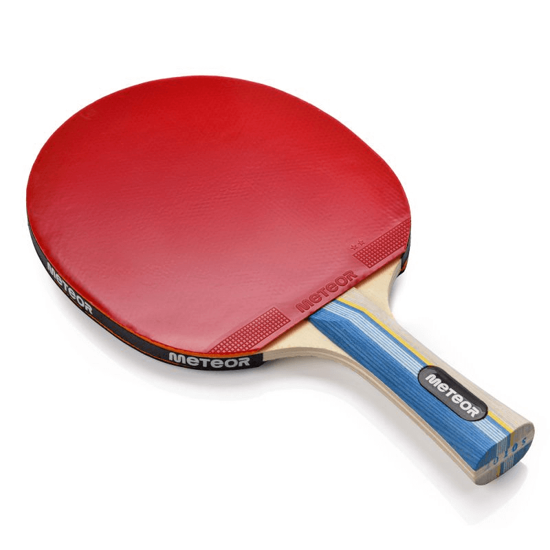 Meteor Sirocco 15016 table tennis racket with red rubber surface and ergonomic handle, ideal for outdoor sports and adventure.