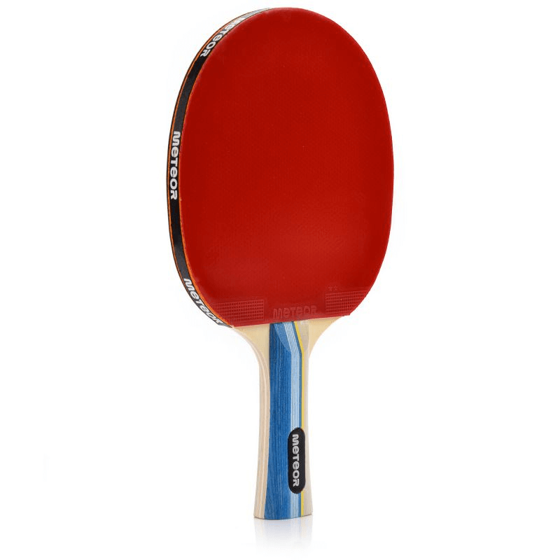 Meteor Sirocco 15016 table tennis racket with a red paddle and ergonomic handle for outdoor sports and travel adventures.