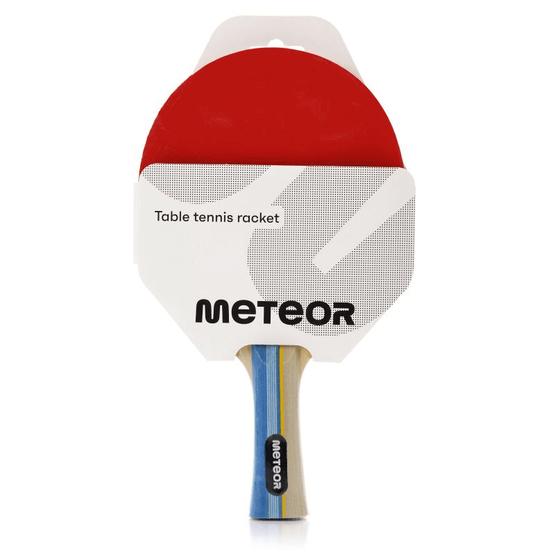 Meteor Sirocco 15016 table tennis racket with red paddle, designed for all skill levels, perfect for outdoor sports and adventures.