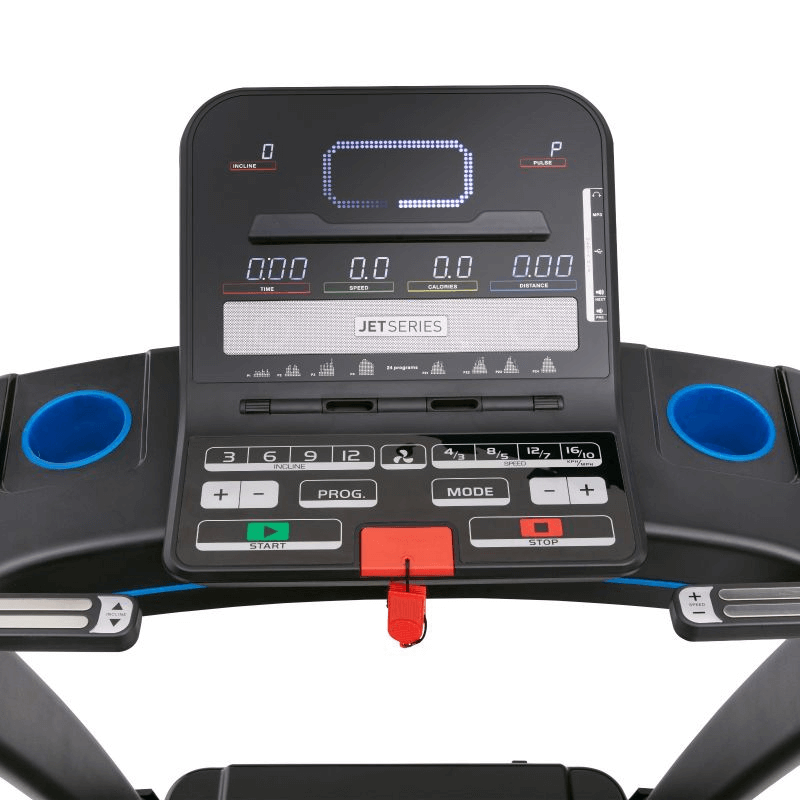 Reebok JET 300 Treadmill console with digital display, control buttons, and speakers for enhanced workout experience.