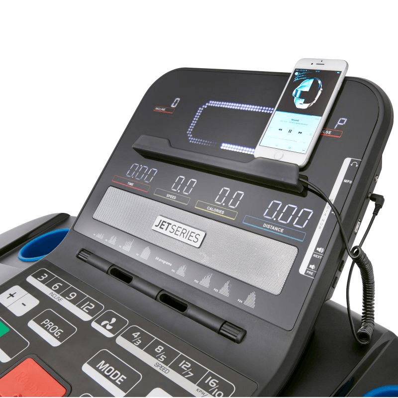 Control panel of the Reebok JET 300 treadmill with smartphone holder and display for speed, calories, and distance.