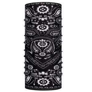 Buff Original Ecostretch Tube Scarf in black and white bandana design, perfect for outdoor sports and travel adventures.